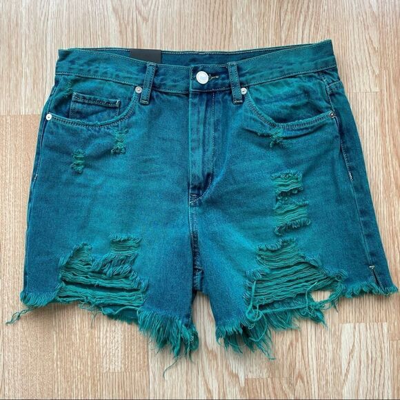 NWT Blank NYC Vintage High-Rise Blue Green Distressed Shorts - Picture 3 of 13